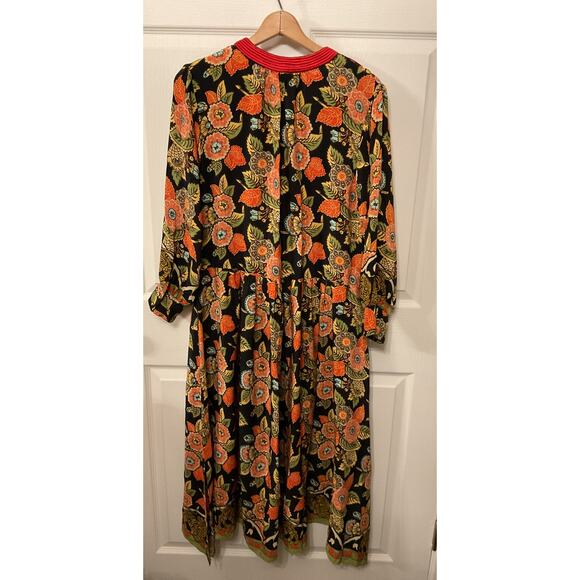 Rhode Resort 100% Silk Orange Floral Red Trim V-neck Maxi Kaftan Dress, M - Picture 7 of 9